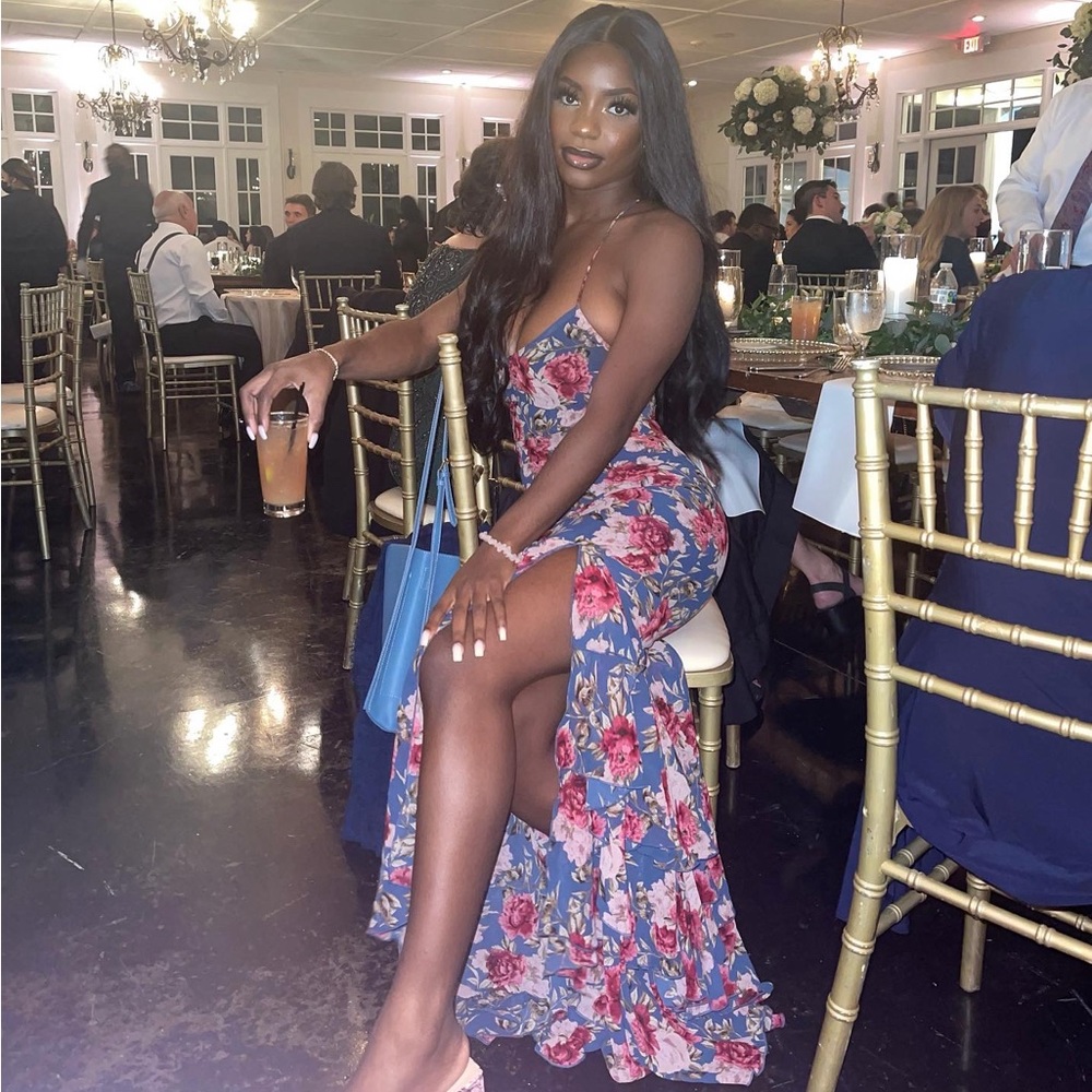 Floral lace up backless mermaid hem slip dress